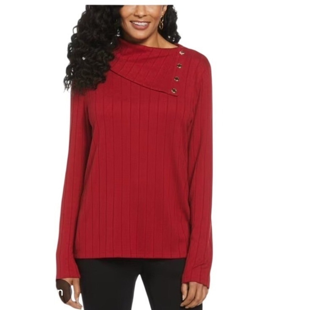Rafaella Womens Rio Red Ribbed Cowl Neck Button Detail Top Small NEW